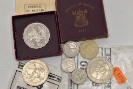 A BOX CONTAINING A SMALL AMOUNT OF COINS, to include a 1951 Festival of Britain boxed Crown of