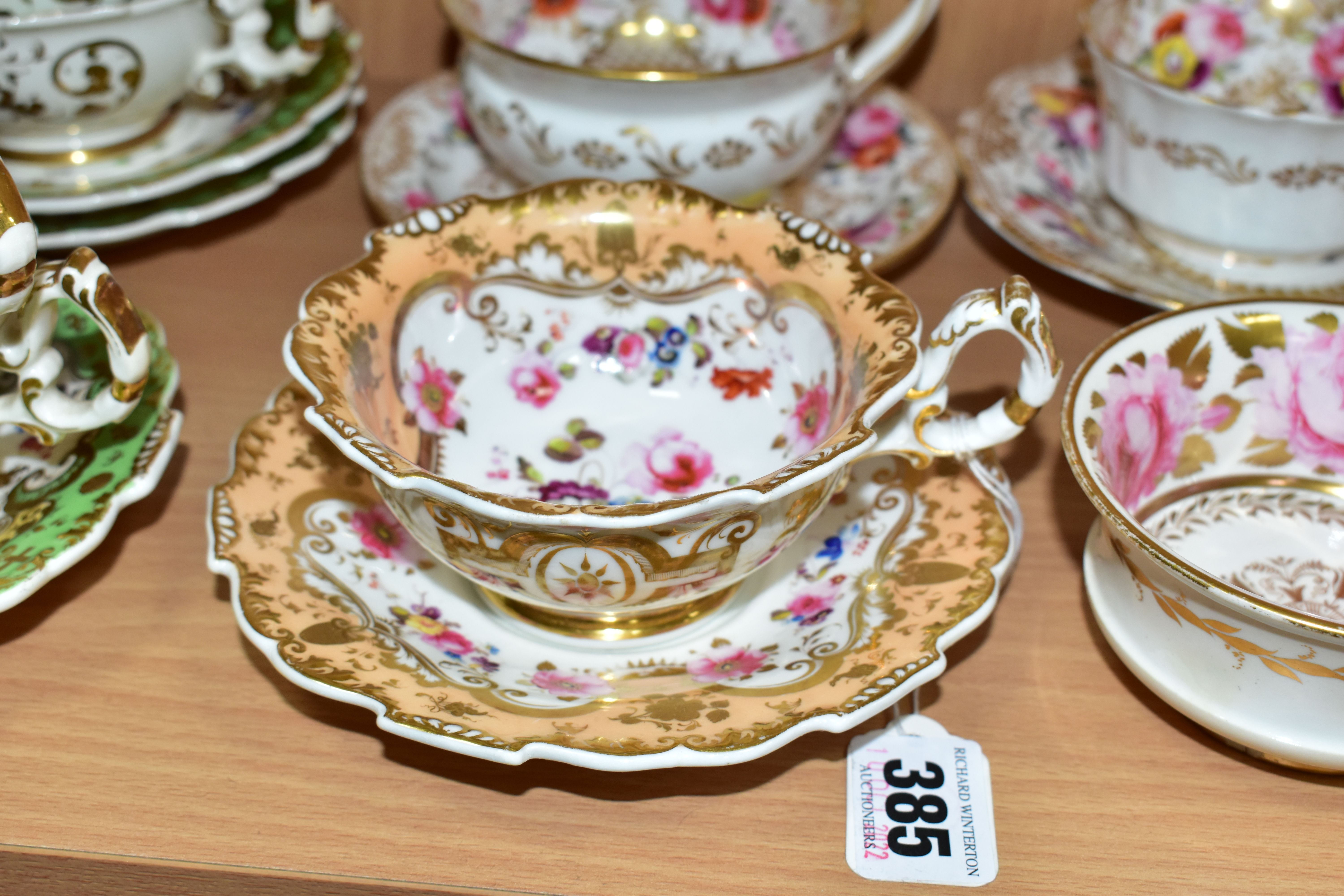 A COLLECTION OF ASSORTED 19TH CENTURY BRITISH PORCELAIN HAND PAINTED TEA WARES, including an apricot - Image 3 of 7