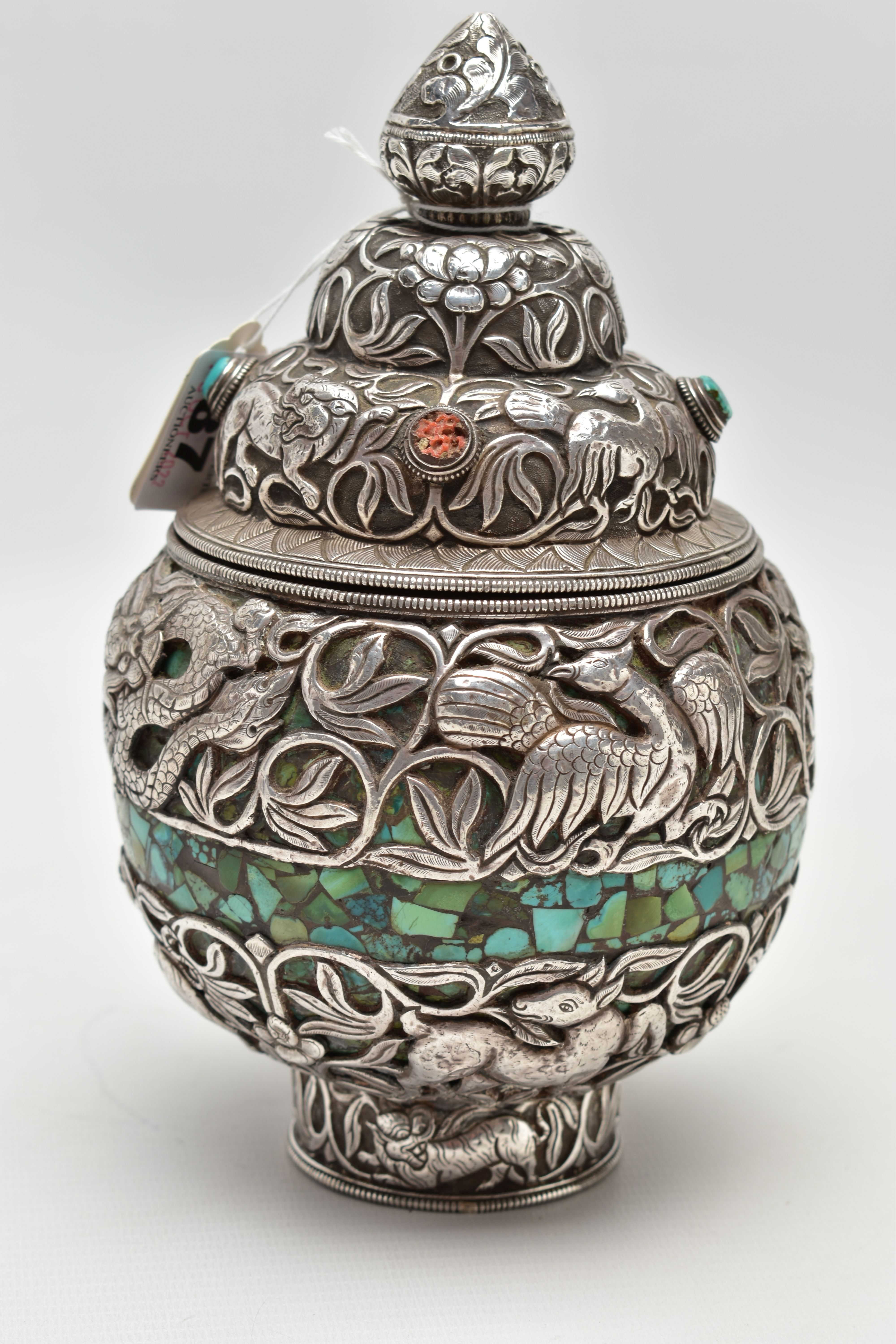 A WHITE METAL DECORATIVE VASE, detailed with tigers, lions, dragons and other animals within a - Image 3 of 6