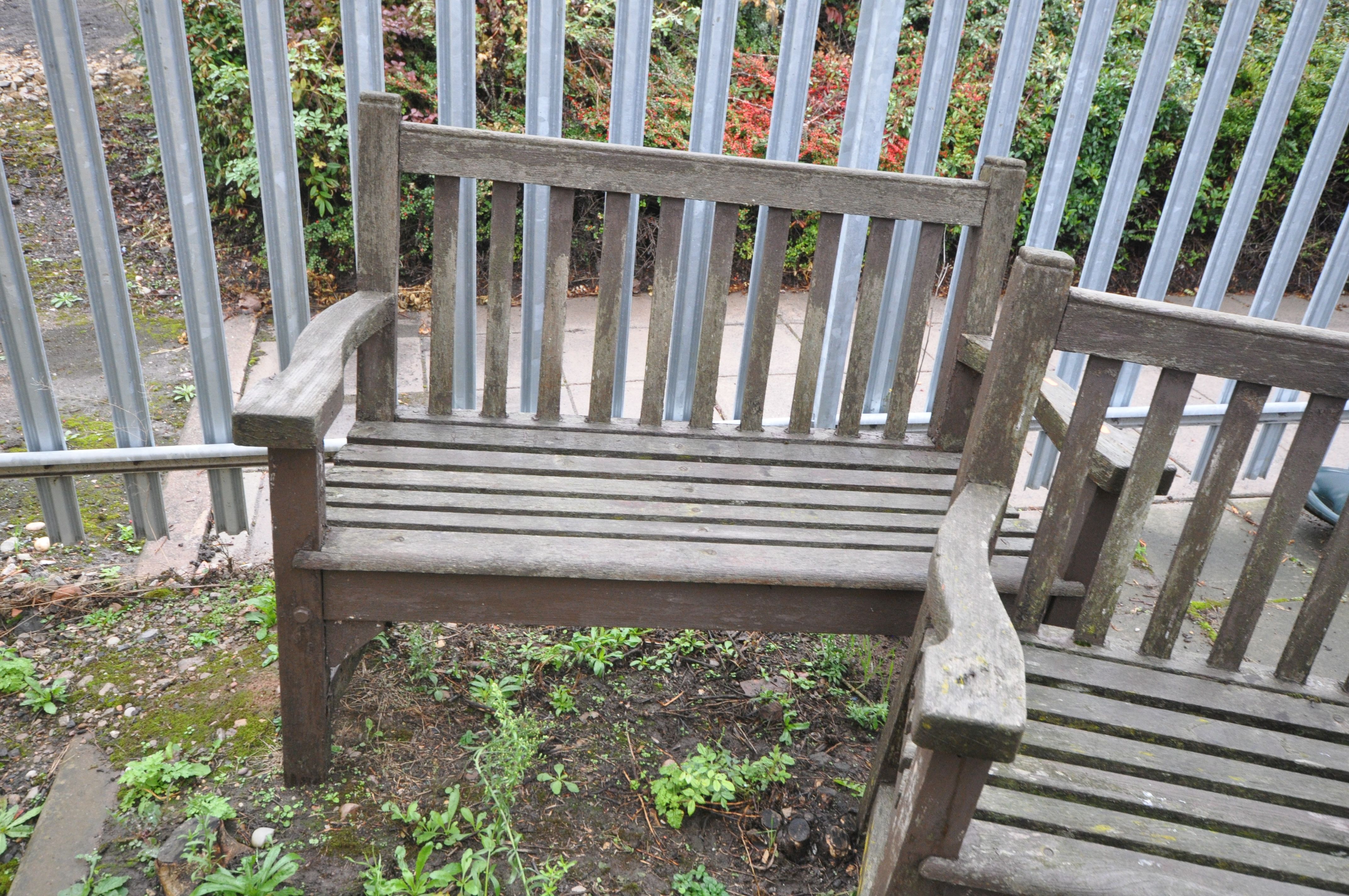 A PAIR OF WOODEN GARDEN BENCHES, width 129cm (Condition:- Weathered) - Image 2 of 3
