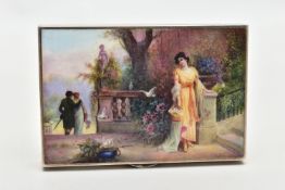 A WHITE METAL ENAMEL DECORATED BOX, of a rectangular form, displaying a romantic scene of a lady