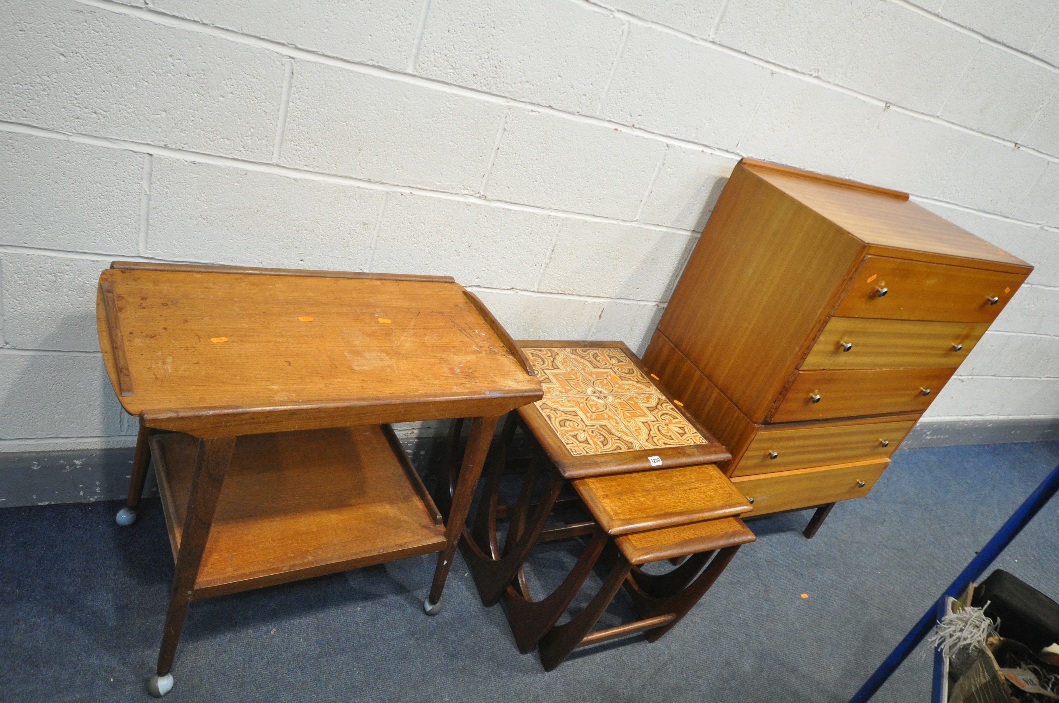 A G PLAN TILE TOP NEST OF THREE TABLES, largest table, 50cm cubed, a mid-century tea trolley, and