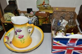 TWO BOXES OF CERAMICS AND COLLECTABLE VINTAGE TINS, to include a JHW & Sons Ltd 'Falcon Ware' wash