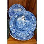 FOUR PIECES OF NINETEENTH CENTURY BLUE AND WHITE CERAMICS, comprising a plate with a view of '