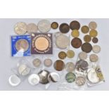 A PLASTIC TUB OF MIXED COINAGE, to include an Edward II silver hammered penny, an 1887 Vicotria