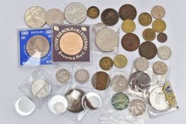 A PLASTIC TUB OF MIXED COINAGE, to include an Edward II silver hammered penny, an 1887 Vicotria
