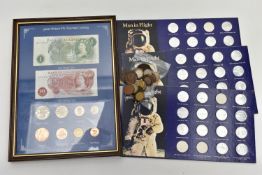 A BOX CONTAINING A FRAMED GB BANKNOTE AND COIN DISPLAY TO INCLUDE: A one pound banknote Ten shilling