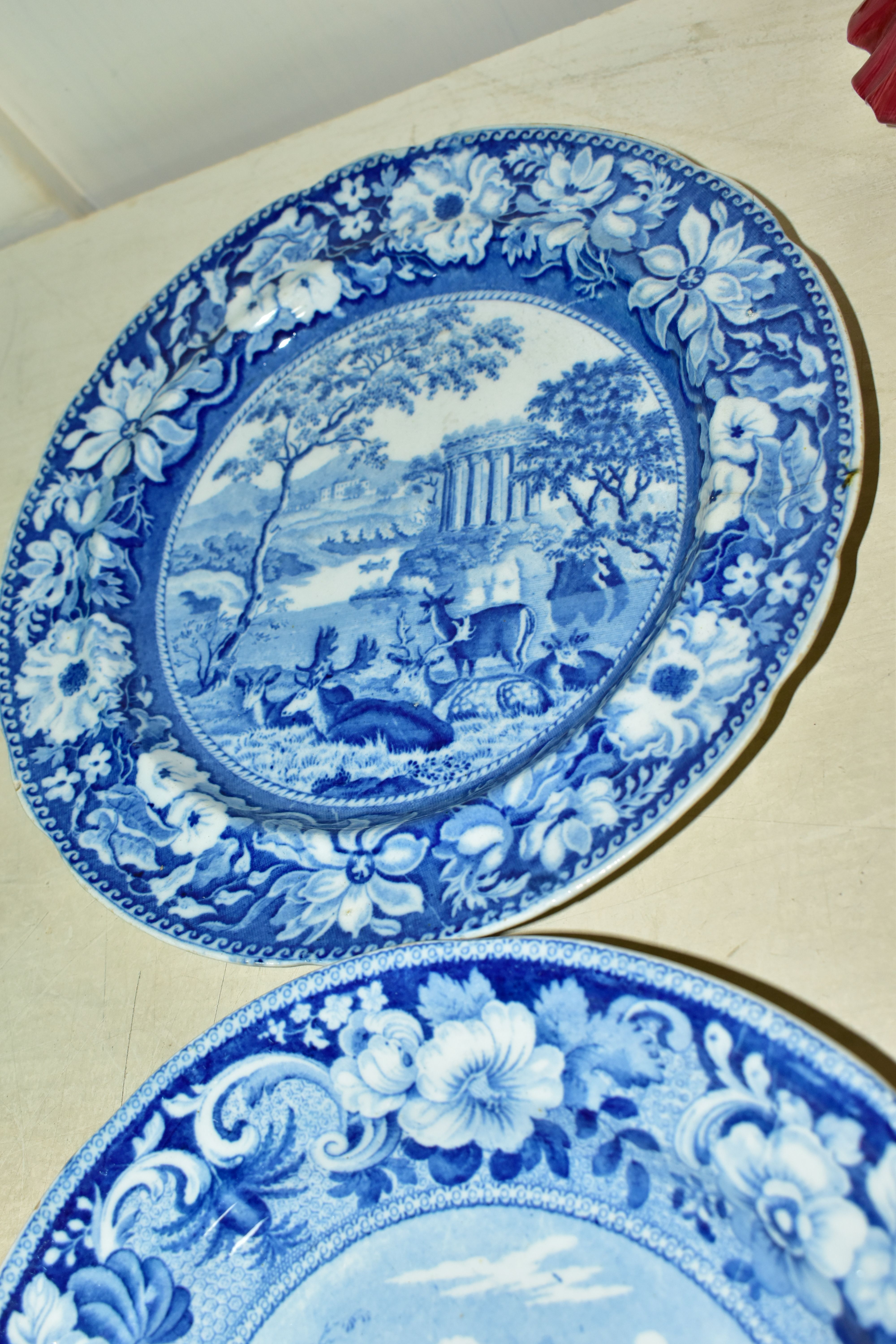 THREE SMALL NINETEENTH CENTURY BLUE AND WHITE PLATES, transfer printed with deer in the landscape, - Image 5 of 5