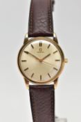 A GENTS 1960'S, 9CT GOLD 'OMEGA' WRISTWATCH, manual wind, round champagne dial signed 'Omega', baton