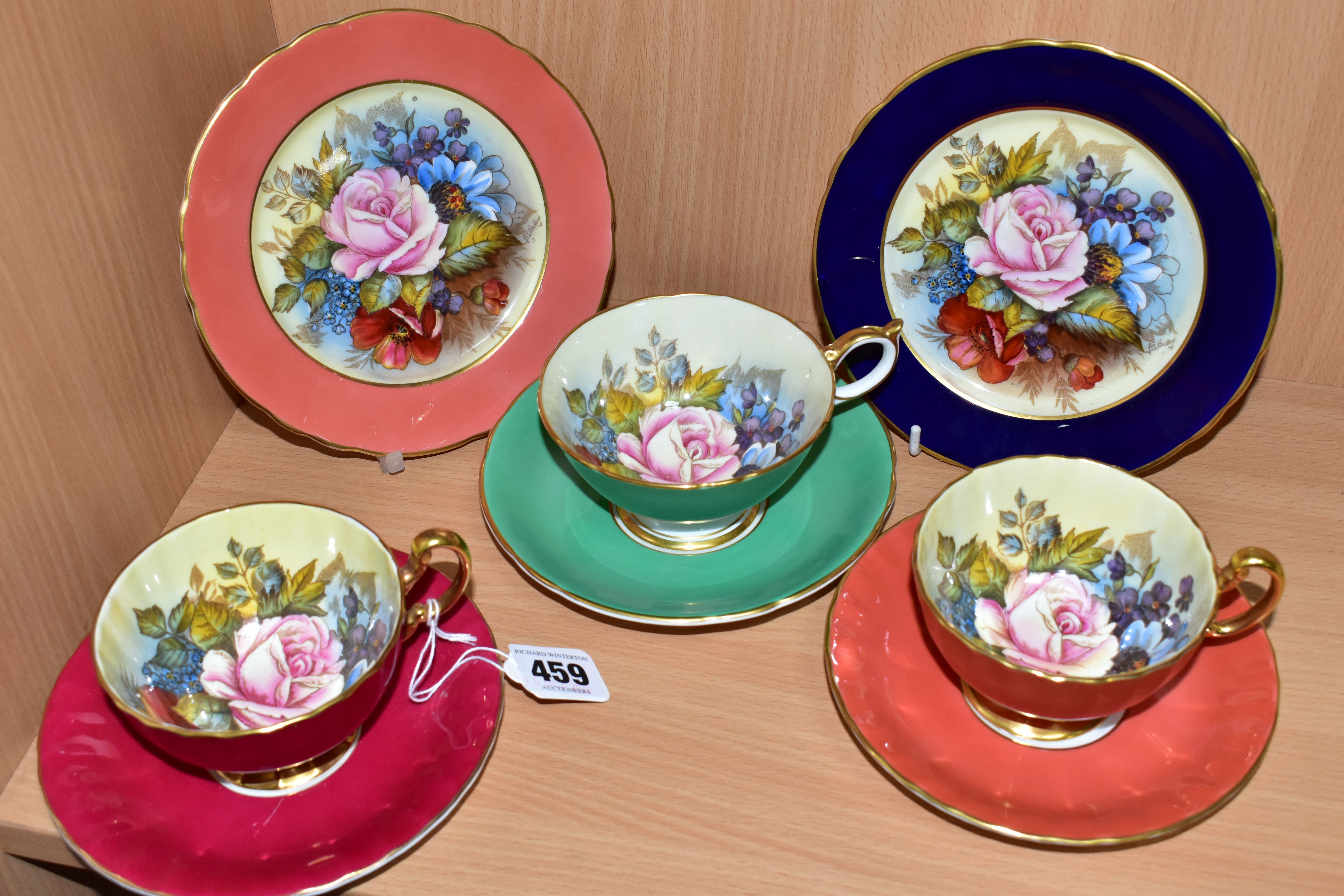 THREE AYNSLEY FLORAL DECORATED TEA CUPS AND SAUCERS BY J. A. BAILEY, with two tea plates, wavy rims,