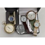 AN ASSORTMENT OF WATCHES, to include a 'Smiths' pocket watch, a 'American Waltham' gold plated