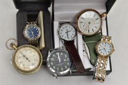 AN ASSORTMENT OF WATCHES, to include a 'Smiths' pocket watch, a 'American Waltham' gold plated