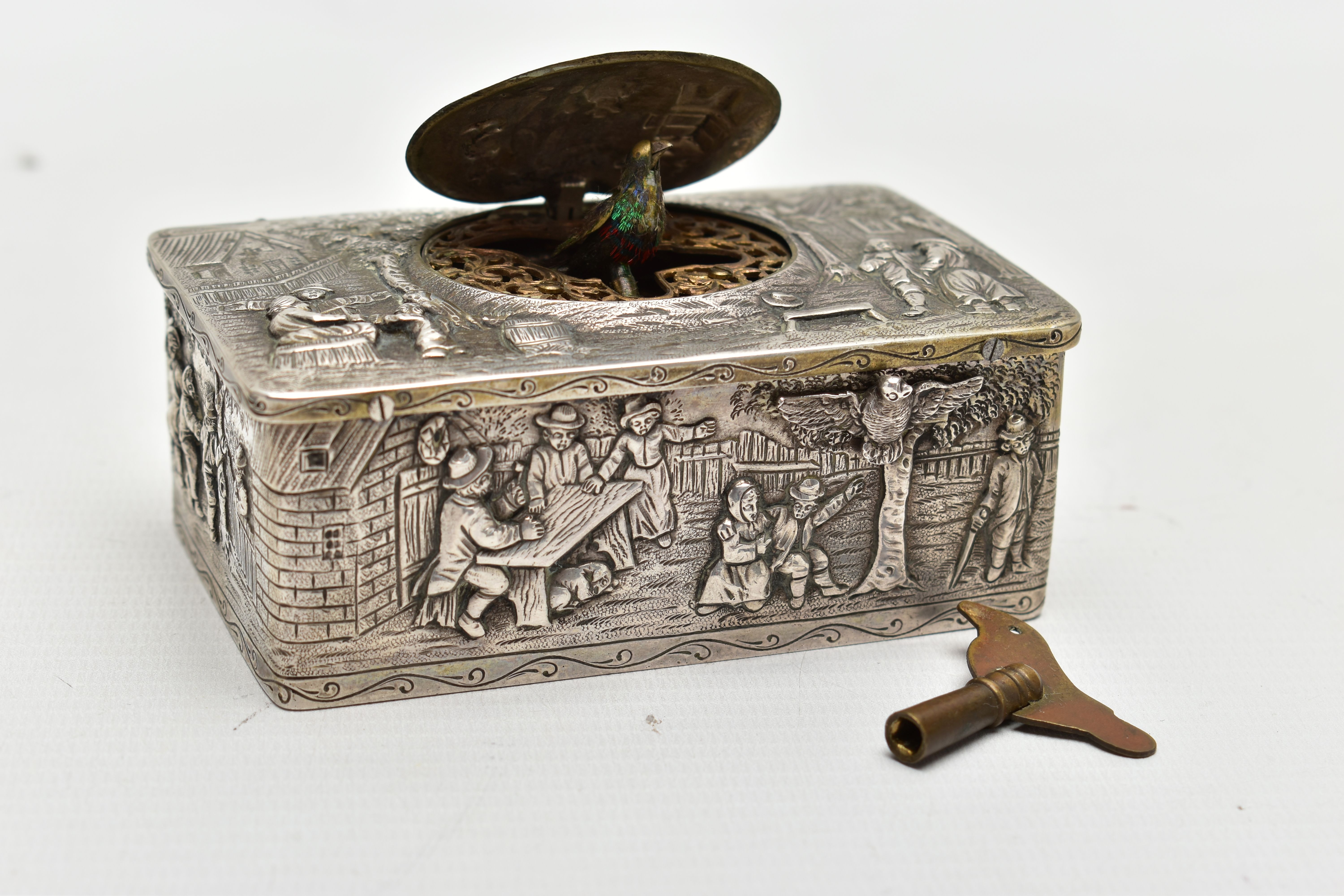 A 19TH CENTURY MUSICAL BIRD BOX, of a rectangular form, the box decorated with figural scenes such - Image 3 of 9