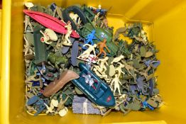 ONE BOX OF ASSORTED PLASTIC TOY SOLDIERS, to include over one hundred pieces of Timpo and Britains