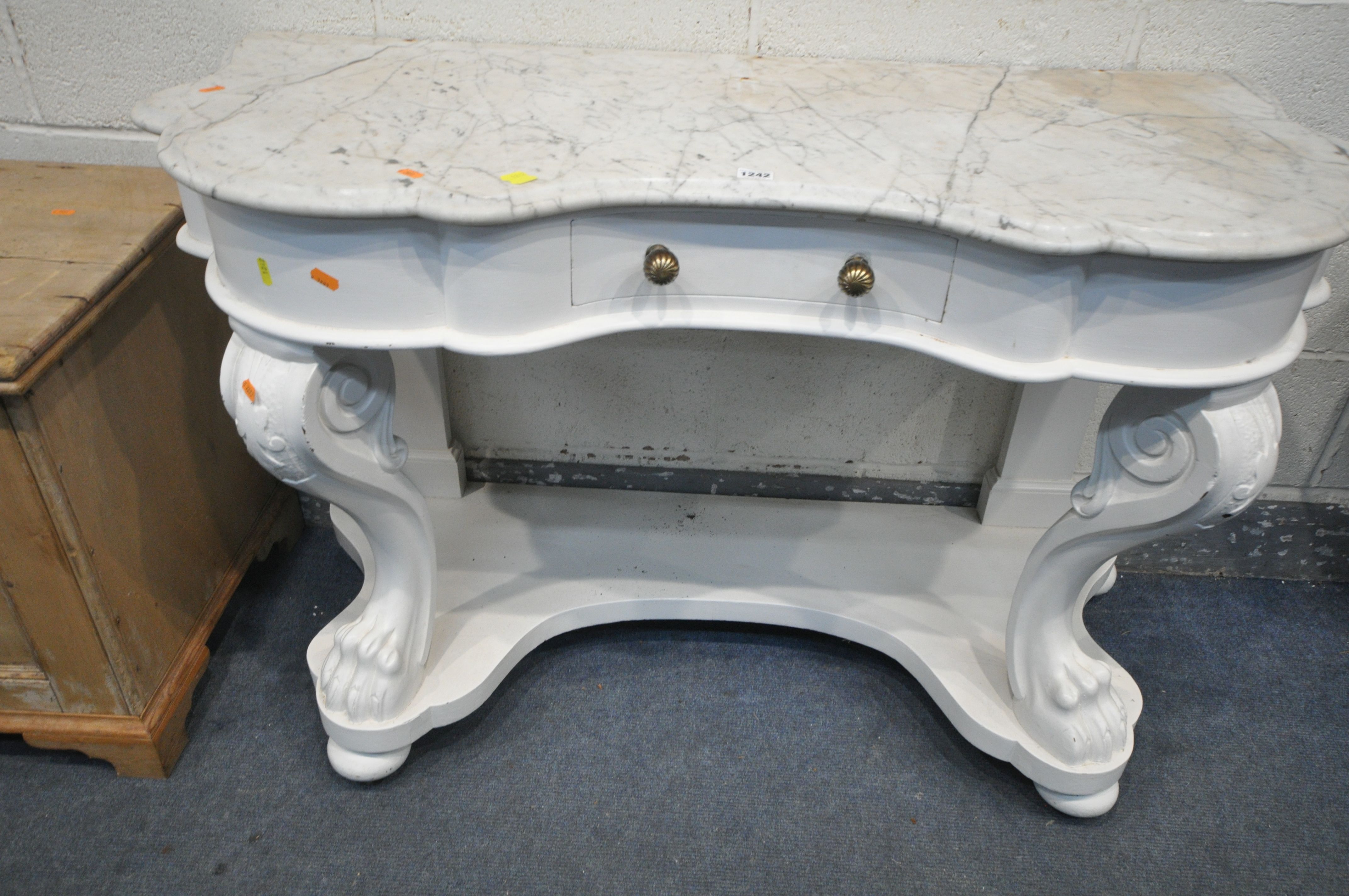 A WHITE PAINTED VICTORIAN MAHOGANY MARBLE TOP WASHSTAND, with a single frieze drawer, length 120cm x - Image 2 of 5