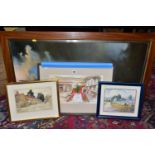 FIVE DECORATIVE PAINTINGS AND PRINTS, comprising a Peter Rush pen and watercolour wash illustration,