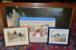 FIVE DECORATIVE PAINTINGS AND PRINTS, comprising a Peter Rush pen and watercolour wash illustration,