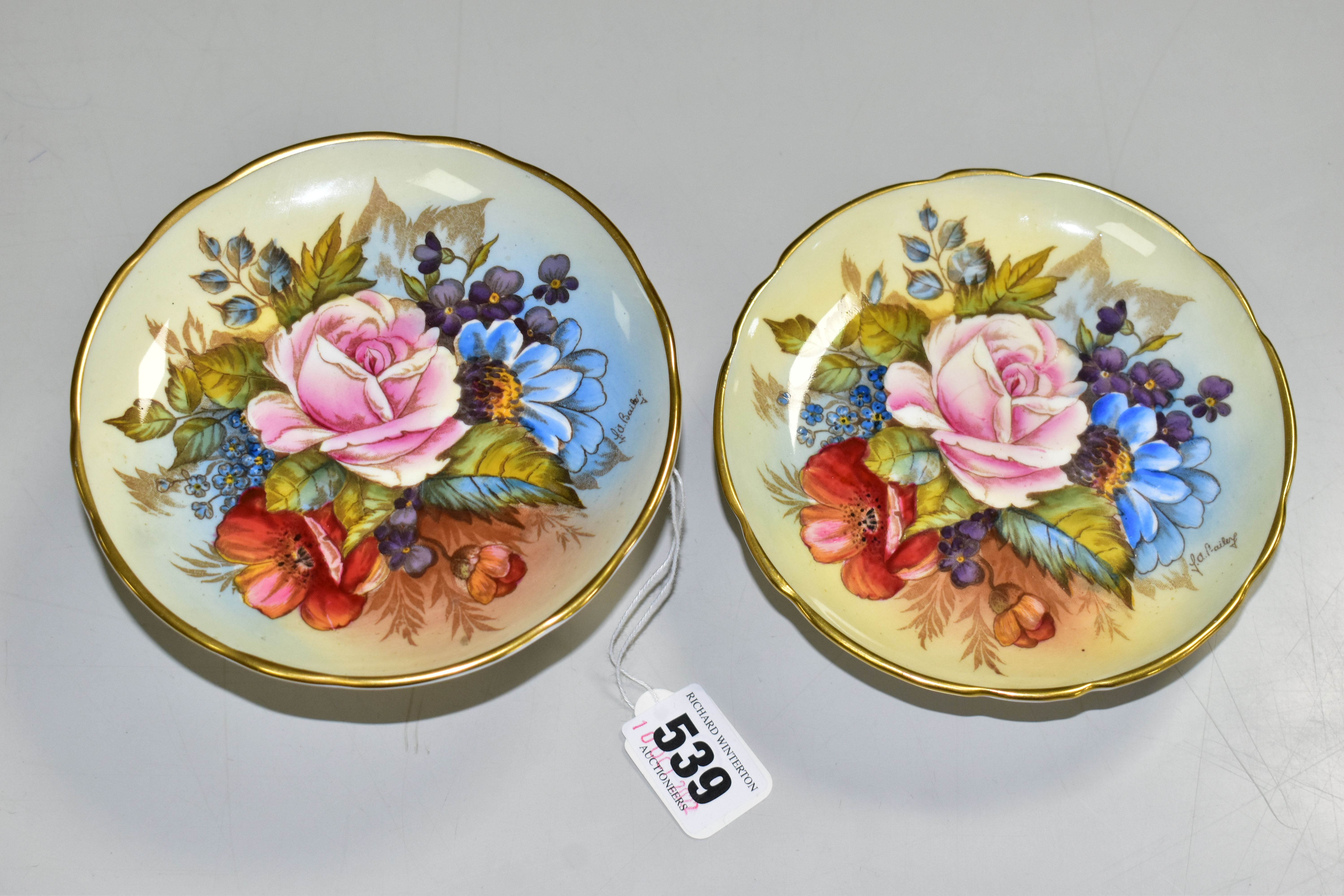 TWO AYNSLEY FLORAL DECORATED PEDESTAL DISHES BY J. A. BAILEY, with wavy rims and gilt bases, both - Image 2 of 6