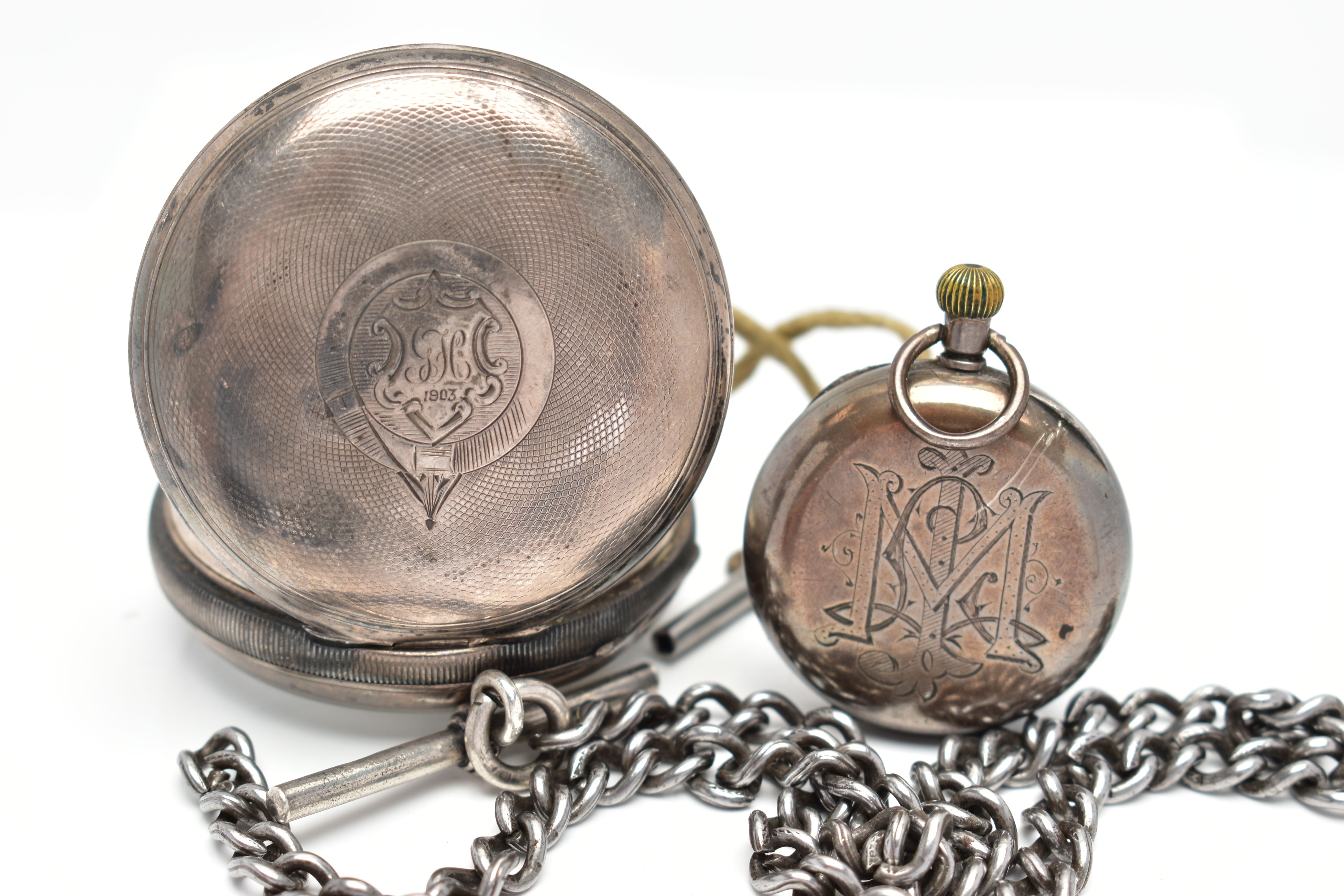 TWO SILVER POCKET WATCHES AND A SILVER CHAIN, the first an Edwardian silver open face pocket - Bild 3 aus 5