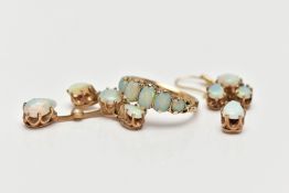 A 9CT GOLD OPAL RING AND A PAIR OF OPAL DROP EARRINGS, the ring designed with three graduated oval