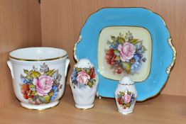 FOUR PIECES OF AYNSLEY FLORAL DECORATED CERAMICS BY J. A. BAILEY, comprising a jardiniere