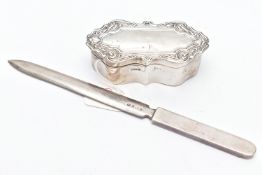 A SILVER LETTER OPENER AND A SILVER BOX, the letter opener, hallmarked 'Albert Edward Jones'