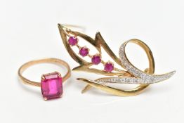 TWO ITEMS OF JEWELLERY, to include a 9ct gold synthetic ruby and diamond floral brooch, hallmarked