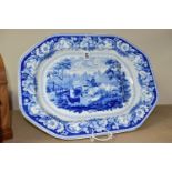 A LATE 19TH CENTURY LARGE BLUE AND WHITE J&W.R MEAT PLATE, marked on the back as 'Rural Scenery',