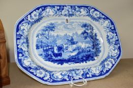 A LATE 19TH CENTURY LARGE BLUE AND WHITE J&W.R MEAT PLATE, marked on the back as 'Rural Scenery',
