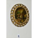 A 19TH CENTURY GILT FRAMED OVAL PAPIER MACHÉ PAINTING, of an exotic parrot, fountain and foliate