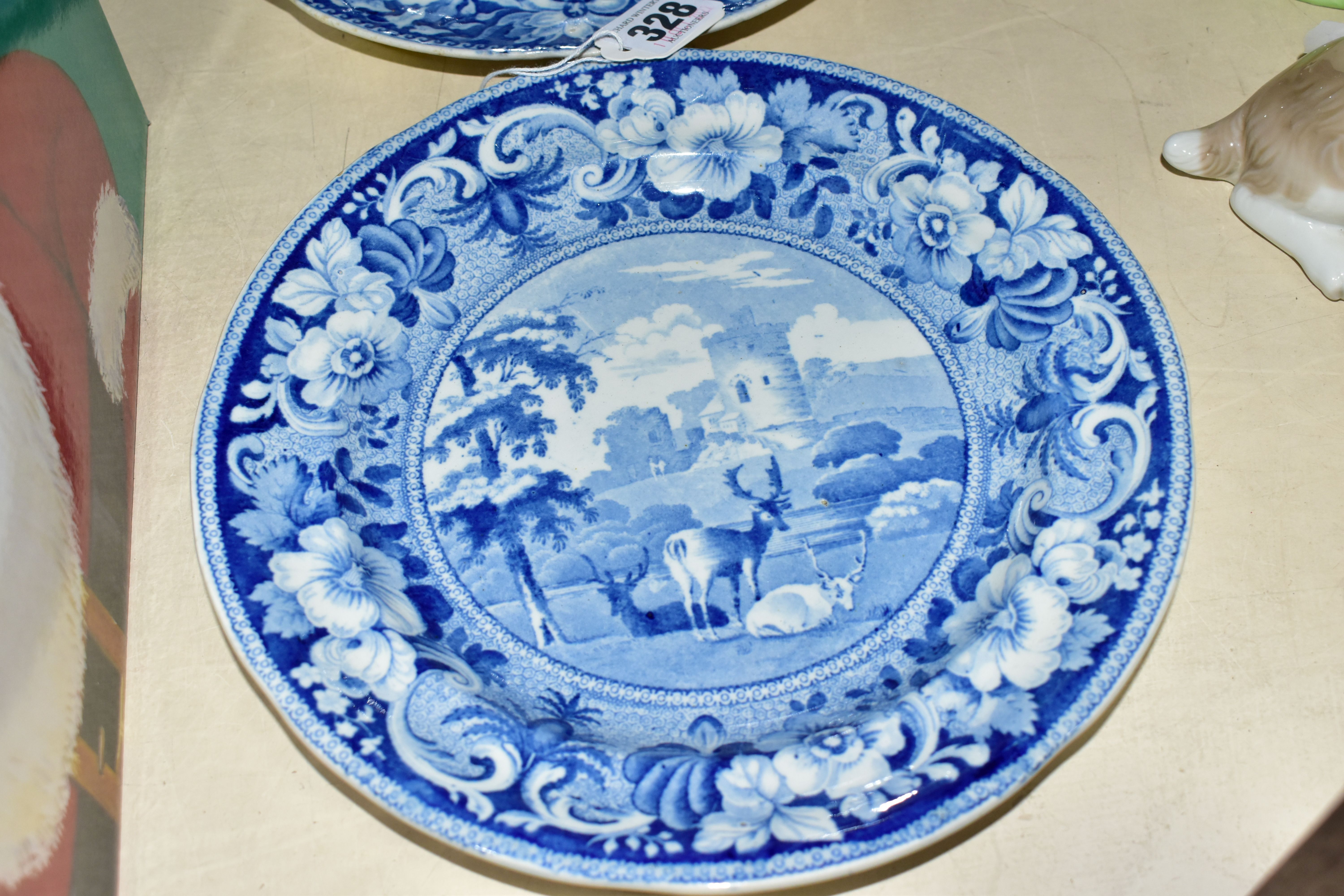 THREE SMALL NINETEENTH CENTURY BLUE AND WHITE PLATES, transfer printed with deer in the landscape, - Image 2 of 5