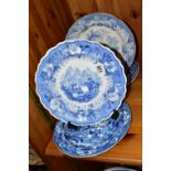 FIVE NINETEENTH CENTURY BLUE AND WHITE PLATES, comprising a Chetham & Robinson, Longton 'Terni'