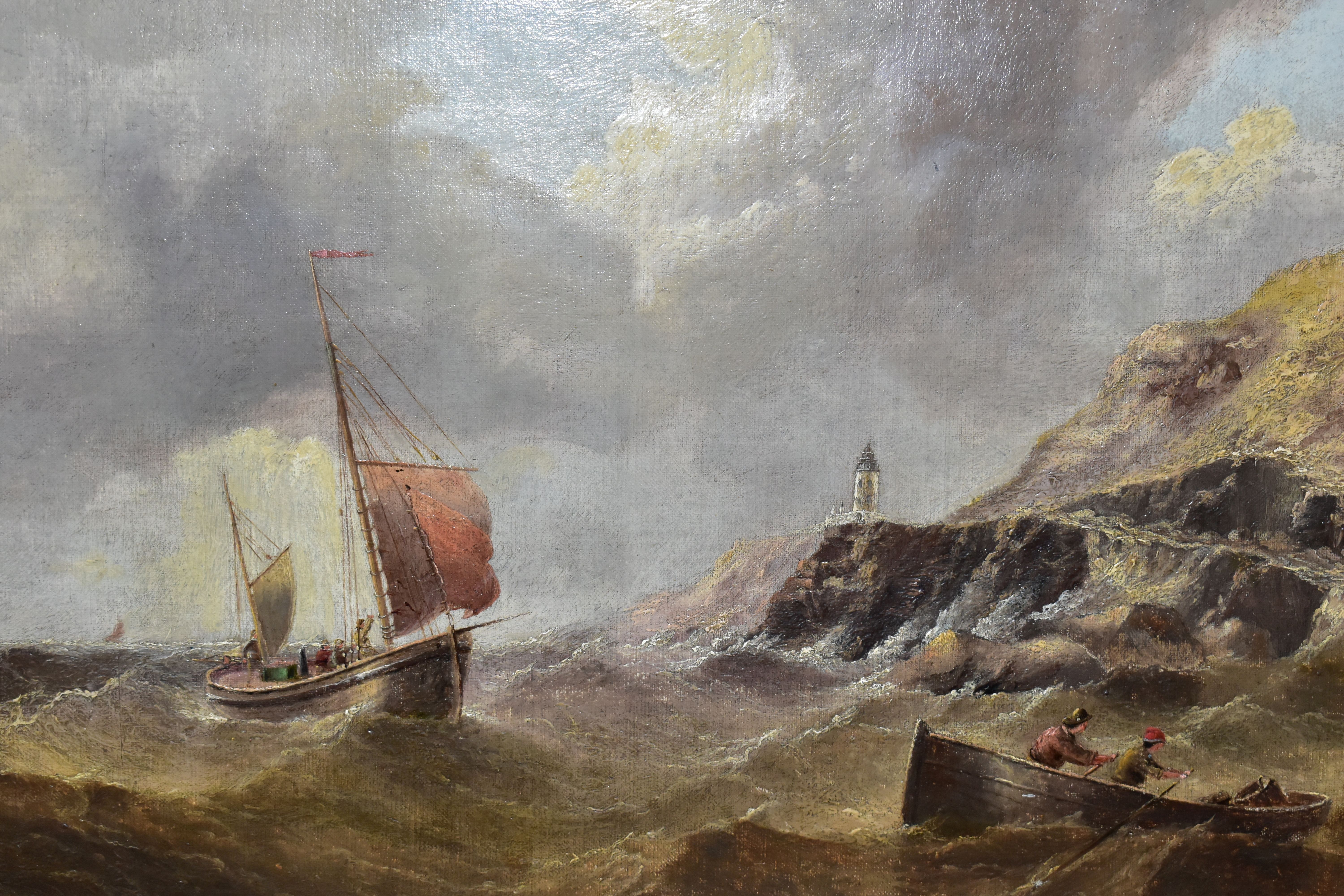 H. MOORE (19TH CENTURY) A FISHING BOAT AND TENDER IN ROUGH SEAS OFF A ROCKY COASTLINE, signed and - Image 2 of 3