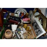 TWO BOXES OF CERAMICS AND ASSORTED SUNDRIES, to include a pair of Prisma Zoom binoculars, two gilt