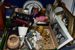 TWO BOXES OF CERAMICS AND ASSORTED SUNDRIES, to include a pair of Prisma Zoom binoculars, two gilt