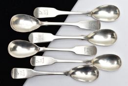 A SET OF SIX CONDIMENT SPOONS, six fiddle pattern condiment spoons, each engraved with a stag