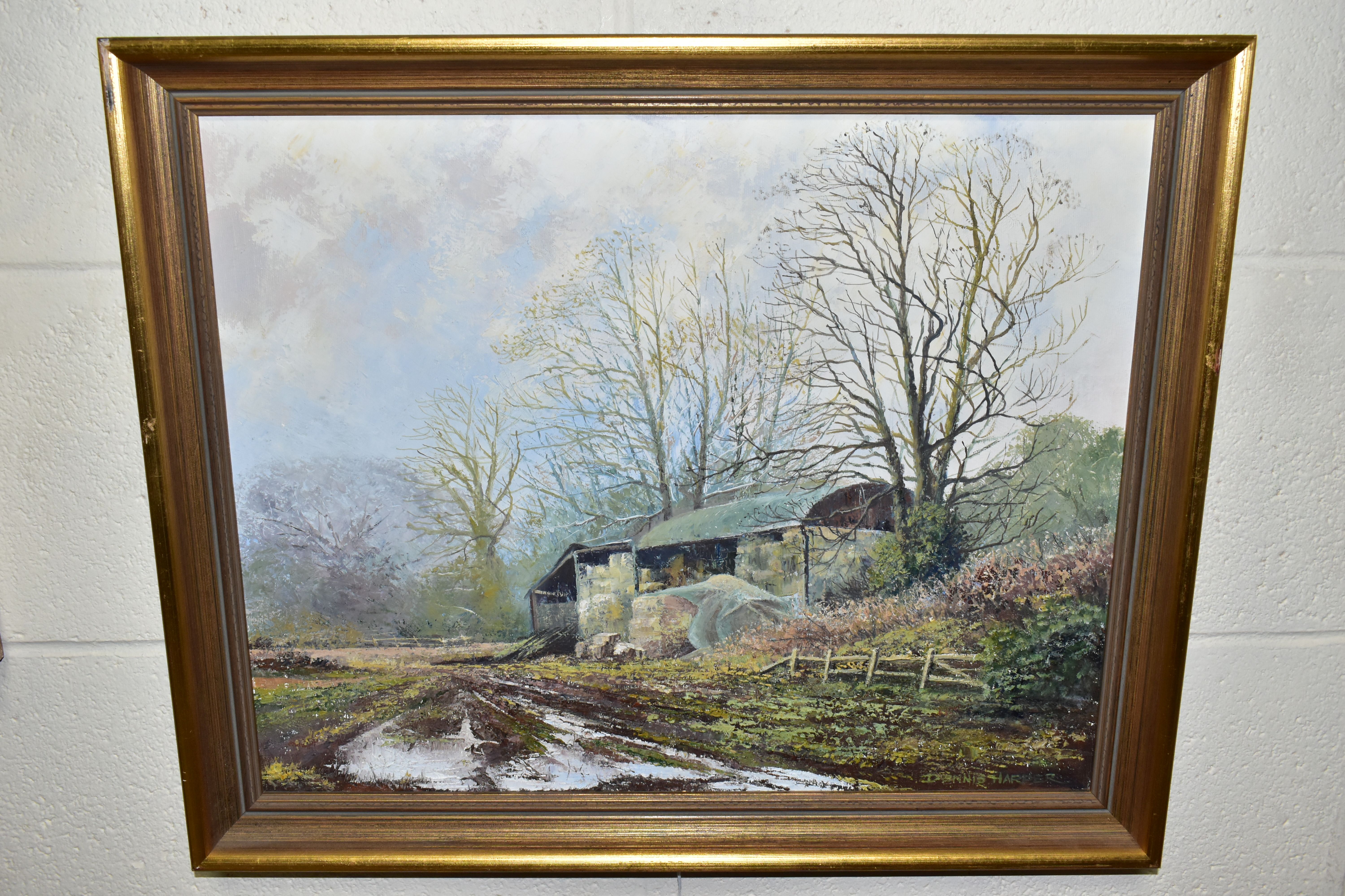 DENNIS HARPER (BRITISH CONTEMPORARY) 'BARN NEAR CANNOCK CHASE' a winter scene of a barn beside a - Image 3 of 4