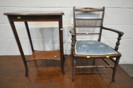 AN EDWARDIAN MAHOGANY SALON CHAIR, with marquetry inlay, swept open armrests, blue floral seat