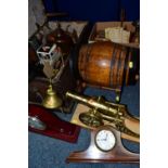 A VICTORIAN PAINTED PINE TRUNK CONTAINING CLOCKS, TOOLS, DRAWING INSTRUMENTS,METALWARES,