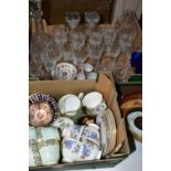 CERAMICS & GLASS, two boxes containing a collection of glass crystal decanters, wine glasses and