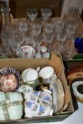 CERAMICS & GLASS, two boxes containing a collection of glass crystal decanters, wine glasses and