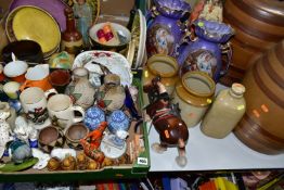 TWO BOXES AND LOOSE CERAMICS ETC, to include two 20th Century Chinese ginger jars with lids, no