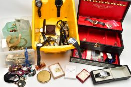 A BOX OF ASSORTED COSTUME JEWELLERY AND WATCHES, to include a small assortment of yellow metal