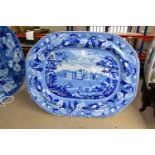 AN EARLY 19TH CENTURY BLUE AND WHITE MEAT PLATE OF SHAPED RECTANGULAR FORM PRINTED WITH A TITLED