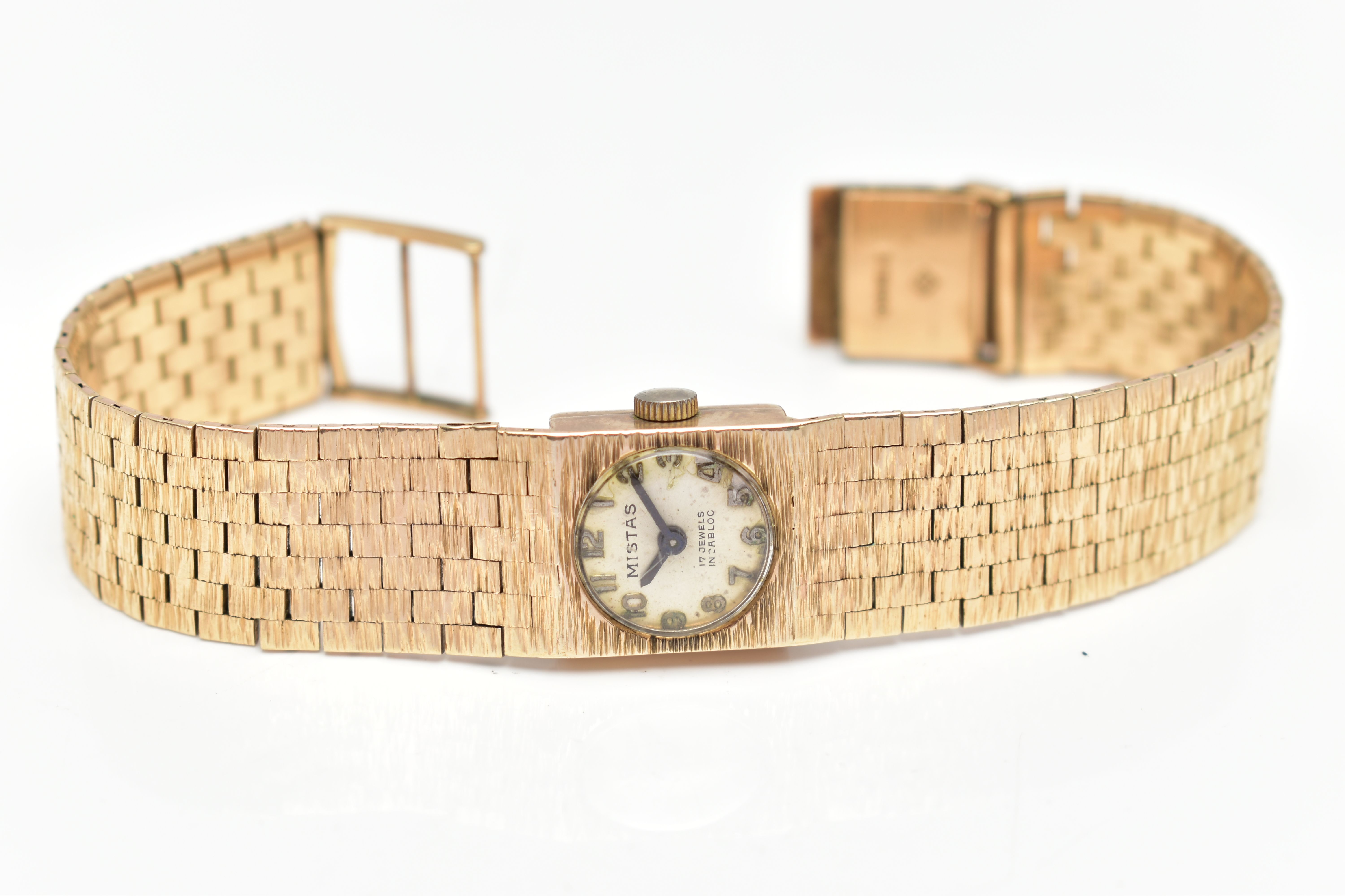 A LADIES 1970'S, 9CT GOLD 'MISTAS' WRISTWATCH, manual wind, round champagne dial signed 'Mistas, - Image 4 of 6