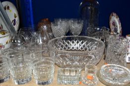 A GROUP OF CUT CRYSTAL AND GLASSWARE, comprising five cut crystal whisky glasses, five cut crystal