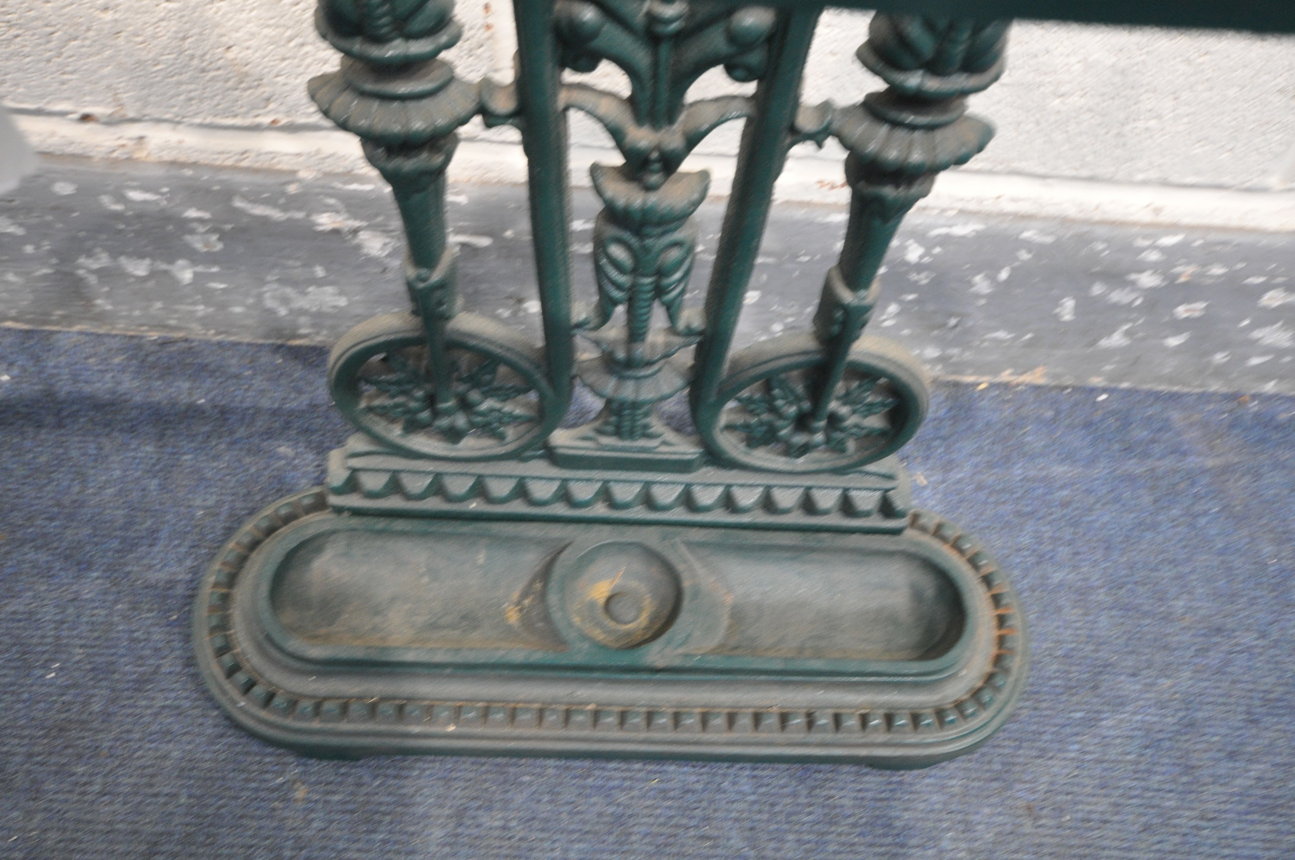 A CAST IRON UMBRELLA STAND, with drip tray, in a green finish, width 50cm x depth 16cm x height - Image 3 of 6