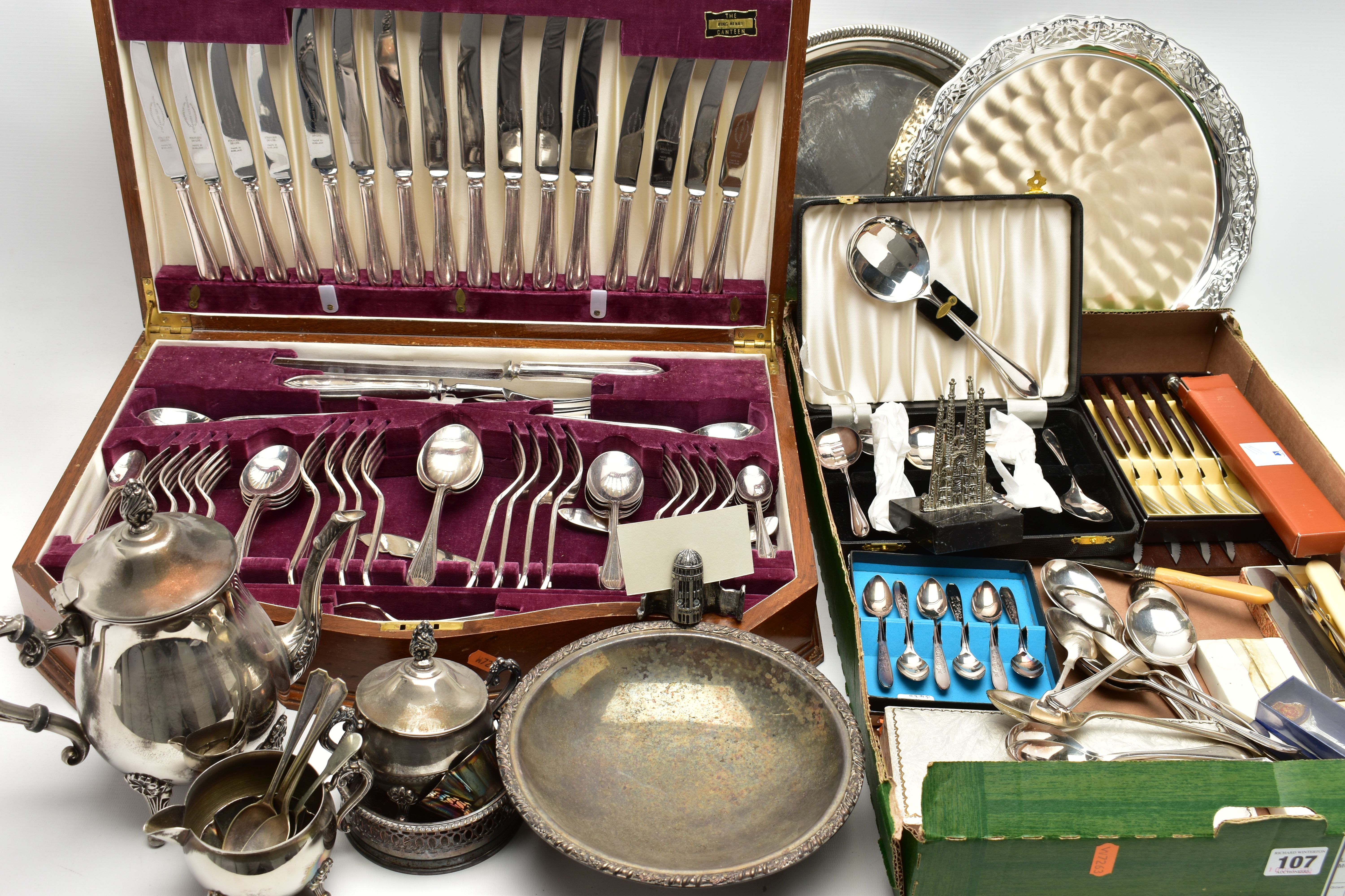 A CANTEEN, CUTLERY AND WHITE METAL TABLEWARE, a complete wooden canteen, together with an assortment