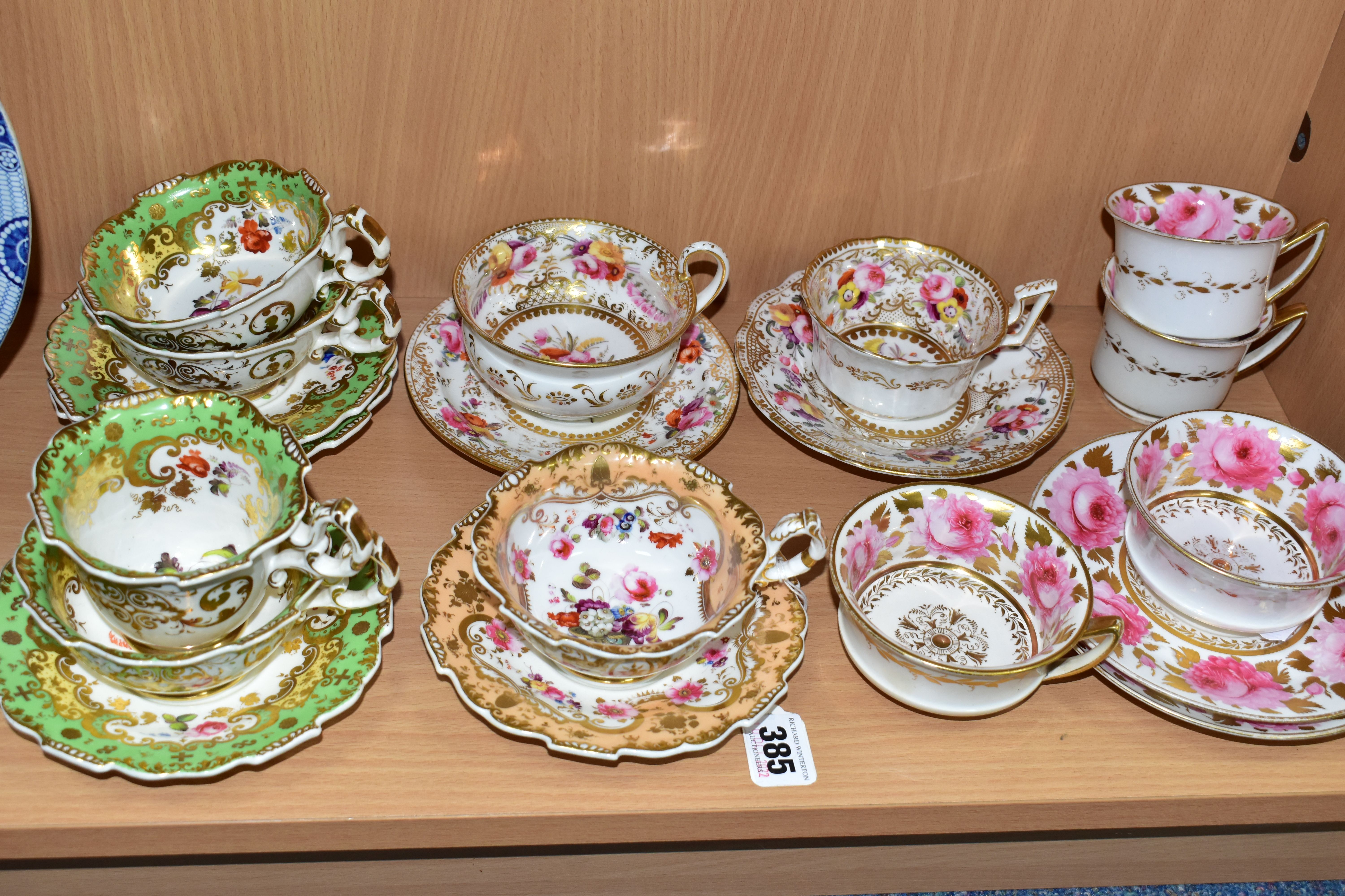 A COLLECTION OF ASSORTED 19TH CENTURY BRITISH PORCELAIN HAND PAINTED TEA WARES, including an apricot