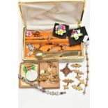 A BOX OF WHITE METAL JEWELLERY AND MEDALS, to include a pair of copal amber stud earrings, a copal